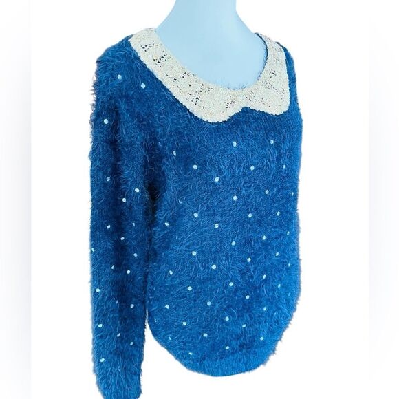Mizumi navy blue polka dot eyelash knit sweater with crochet sequin collar sz M - Picture 5 of 8